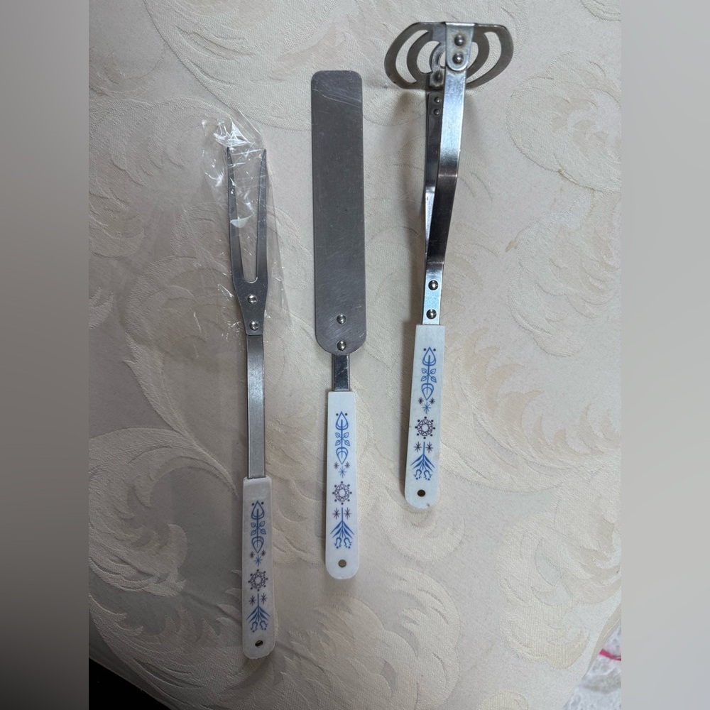 Vintage EKCO Stainless Steel Serving Utensils Milk Glass Handles Mid-Century Set